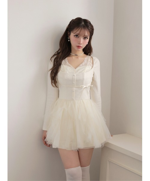 M me eme(エムミーエメ)の「Lace rib tulle docking mini onepiece(eme11116)(ワンピース・レディース・ピンク/アイボリー・FREE/FL)」の6枚目の写真