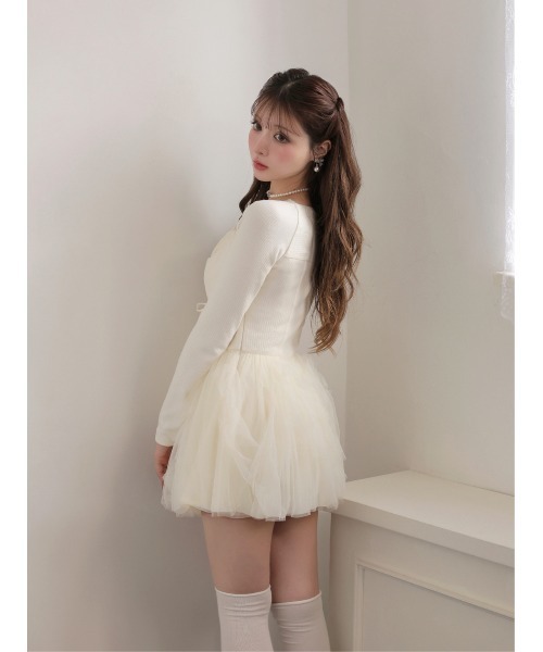 M me eme(エムミーエメ)の「Lace rib tulle docking mini onepiece(eme11116)(ワンピース・レディース・ピンク/アイボリー・FREE/FL)」の7枚目の写真