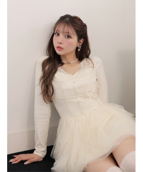 M me eme(エムミーエメ)の「Lace rib tulle docking mini onepiece(eme11116)(ワンピース・レディース・ピンク/アイボリー・FREE/FL)」の10枚目の写真
