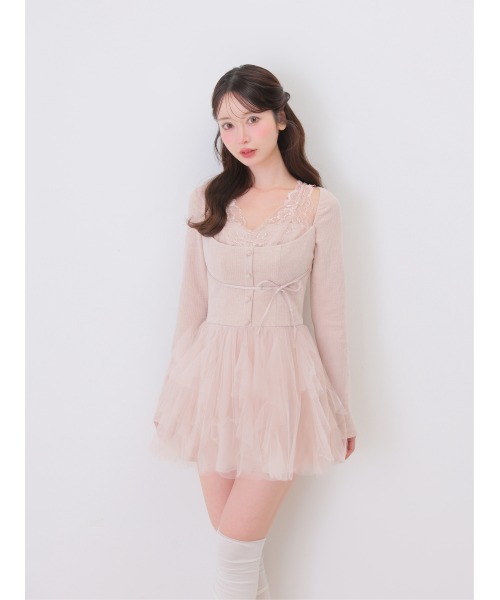 M me eme(エムミーエメ)の「Lace rib tulle docking mini onepiece(eme11116)(ワンピース・レディース・ピンク/アイボリー・FREE/FL)」の11枚目の写真
