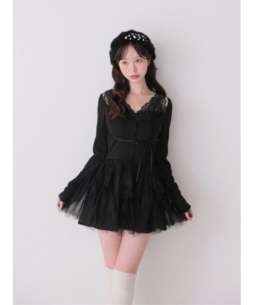 M me eme(エムミーエメ)の「Lace rib tulle docking mini onepiece(eme11116)(ワンピース・レディース・ピンク/アイボリー・FREE/FL)」の13枚目の写真