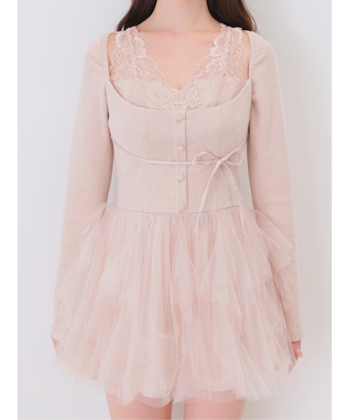M me eme(エムミーエメ)の「Lace rib tulle docking mini onepiece(eme11116)(ワンピース・レディース・ピンク/アイボリー・FREE/FL)」の15枚目の写真