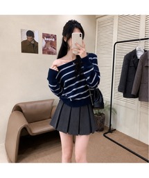 ワンショルダーボーダーニット/レディース 肌見せ 秋服 韓国ファッション