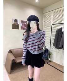 ワンショルダーボーダーニット/レディース 肌見せ 秋服 韓国ファッション