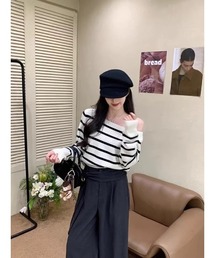 ワンショルダーボーダーニット/レディース 肌見せ 秋服 韓国ファッション