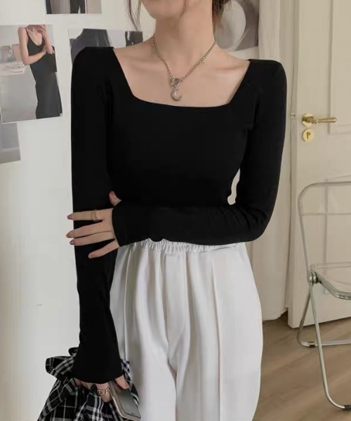 ampm(エーエムピーエム)の「スクエアネッククロップド長袖トップス(Tシャツ/カットソー・レディース・ホワイト/ブラック・FREE)」の12枚目の写真