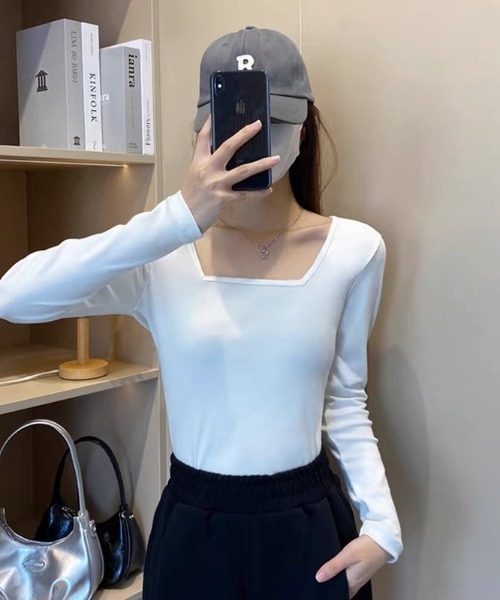 ampm(エーエムピーエム)の「スクエアネッククロップド長袖トップス(Tシャツ/カットソー・レディース・ホワイト/ブラック・FREE)」の19枚目の写真