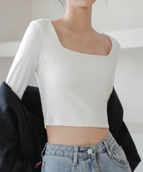 ampm(エーエムピーエム)の「スクエアネッククロップド長袖トップス(Tシャツ/カットソー・レディース・ホワイト/ブラック・FREE)」の17枚目の写真