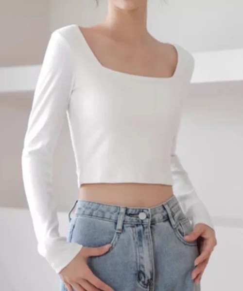 ampm(エーエムピーエム)の「スクエアネッククロップド長袖トップス(Tシャツ/カットソー・レディース・ホワイト/ブラック・FREE)」の18枚目の写真