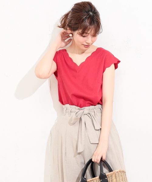 natural couture（ナチュラルクチュール）の「スカラップ麻ブラウス（シャツ/ブラウス・レディース・ブラック/ベージュ/レッド/ミント・FREE）」の4枚目の写真