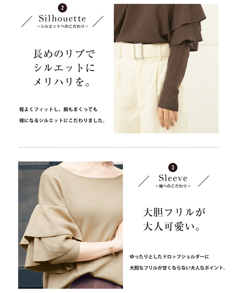 KOBE LETTUCE(コウベレタス)の「前後2wayフリルスリーブ総針ニットバックオープントップス【WEARISTA akiicoさん×KOBE LETTUCEコラボ】(ニット/セーター・レディース・ベージュ/カーキ/ブラウン/ブラック・M/S)」の6枚目の写真