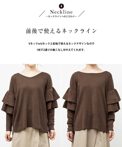 KOBE LETTUCE(コウベレタス)の「前後2wayフリルスリーブ総針ニットバックオープントップス【WEARISTA akiicoさん×KOBE LETTUCEコラボ】(ニット/セーター・レディース・ベージュ/カーキ/ブラウン/ブラック・M/S)」の8枚目の写真