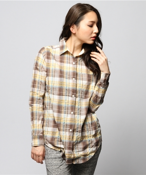 goa(ゴア)の「C/麻チェックカシュクールシャツ(シャツ/ブラウス・レディース・ブラウン/ブルー/ネイビー/レッド・FREE)」の2枚目の写真