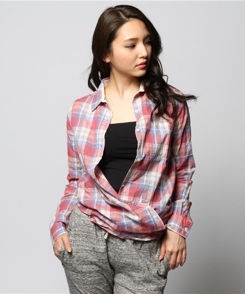 goa(ゴア)の「C/麻チェックカシュクールシャツ(シャツ/ブラウス・レディース・ブラウン/ブルー/ネイビー/レッド・FREE)」の8枚目の写真