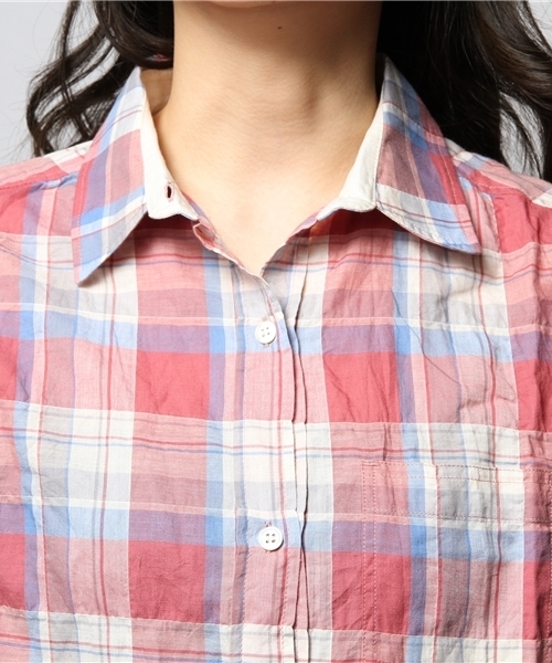 goa(ゴア)の「C/麻チェックカシュクールシャツ(シャツ/ブラウス・レディース・ブラウン/ブルー/ネイビー/レッド・FREE)」の10枚目の写真