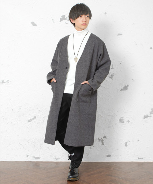 MinoriTY（マイノリティ）の「フラノ素材ノーカラーロングコート アウター（ノーカラージャケット・メンズ・ダークグリーン/モカ/チャコール・M/L）」の11枚目の写真
