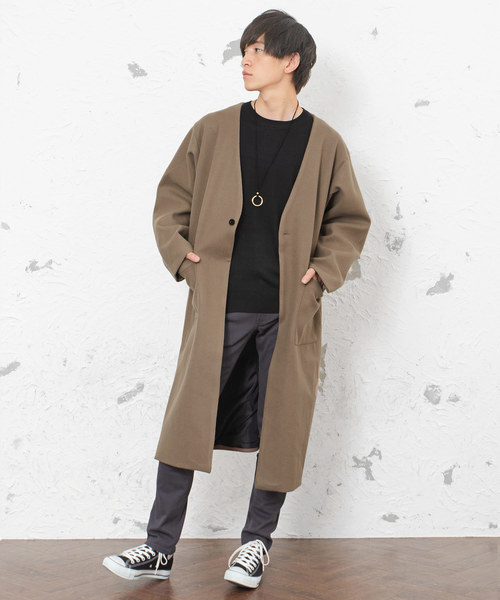 MinoriTY（マイノリティ）の「フラノ素材ノーカラーロングコート アウター（ノーカラージャケット・メンズ・ダークグリーン/モカ/チャコール・M/L）」の6枚目の写真