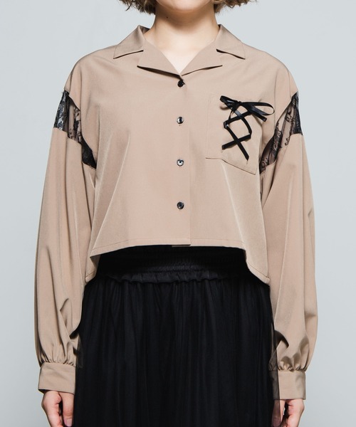 WEGO(ウィゴー)の「WEGO/レースアップオープンカラーシャツ(シャツ/ブラウス・レディース・ブラック/ベージュ・FREE)」の15枚目の写真