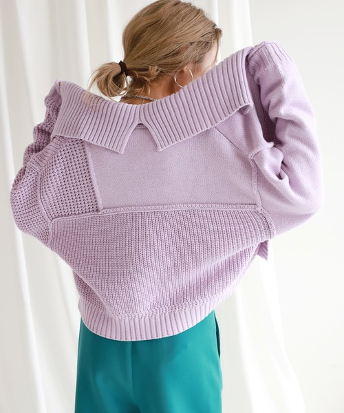SLOBE citron.（スローブシトロン）の「SLOBE citron. パッチワークニットカーディガン◆（カーディガン/ボレロ・レディース・パープル/ナチュラル・FREE）」の6枚目の写真