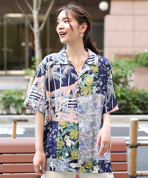 チチカカ（チチカカ）の「【ユニセックス】パッチワークアロハシャツ（シャツ/ブラウス・レディース・レッド/ネイビー・MEDIUM/LARGE）」の4枚目の写真