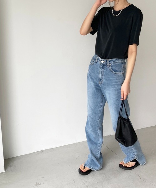 CANAL JEAN（キャナルジーン）の「via j(ヴィアジェイ) モダール半袖Tシャツ（Tシャツ/カットソー・レディース・ライトグレー/ブラック/アイボリー・ONE SIZE）」の8枚目の写真