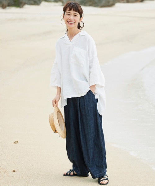 Sunny clouds（サニークラウズ）の「サニークラウズ　かぶり開衿シャツ（シャツ/ブラウス・レディース・ホワイト/ネイビー・MEDIUM/LARGE/X-LARGE/XX-LARGE/NM）」の3枚目の写真