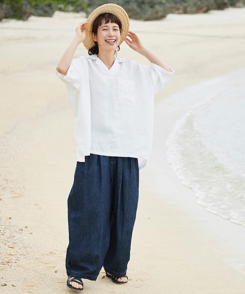 Sunny clouds（サニークラウズ）の「サニークラウズ　かぶり開衿シャツ（シャツ/ブラウス・レディース・ホワイト/ネイビー・MEDIUM/LARGE/X-LARGE/XX-LARGE/NM）」の7枚目の写真