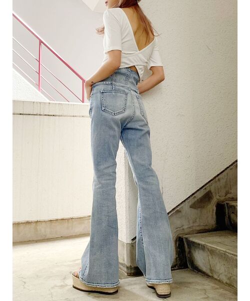 GYDA(ジェイダ)の「カップ付きハーフスリーブバッククロステレコTOPS(Tシャツ/カットソー・レディース・ブラック/オフホワイト・FREE)」の7枚目の写真