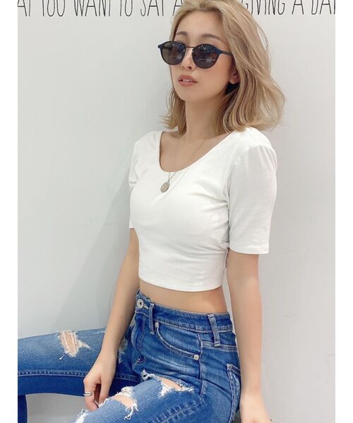 GYDA(ジェイダ)の「カップ付きハーフスリーブバッククロステレコTOPS(Tシャツ/カットソー・レディース・ブラック/オフホワイト・FREE)」の10枚目の写真