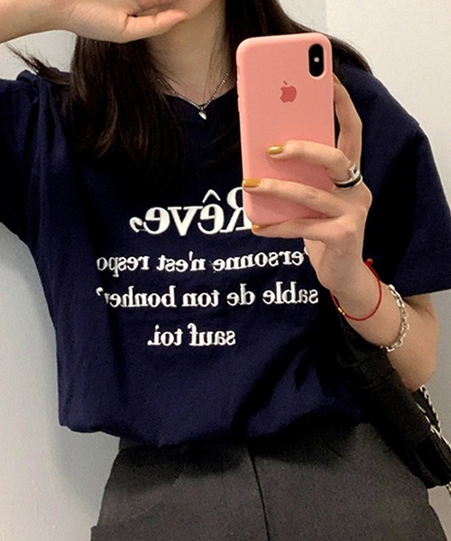 SMILE ORCHID(スマイルオーキッド)の「刺繍ロゴTシャツ(Tシャツ/カットソー・レディース・ホワイト/ベージュ/ネイビー・FREE)」の6枚目の写真