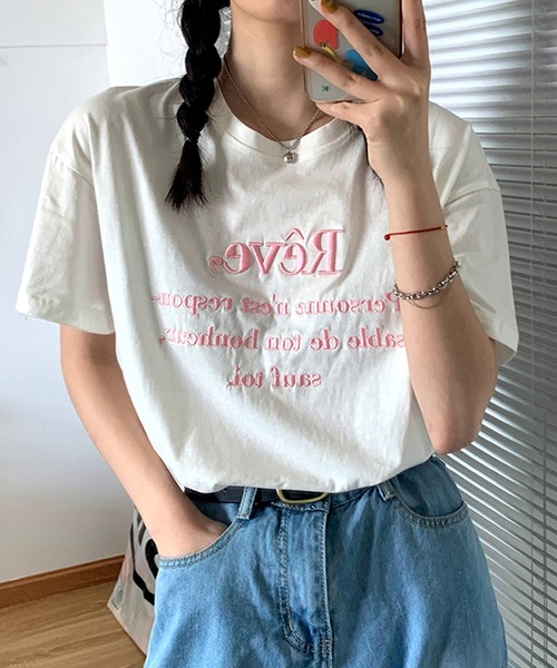 SMILE ORCHID(スマイルオーキッド)の「刺繍ロゴTシャツ(Tシャツ/カットソー・レディース・ホワイト/ベージュ/ネイビー・FREE)」の9枚目の写真