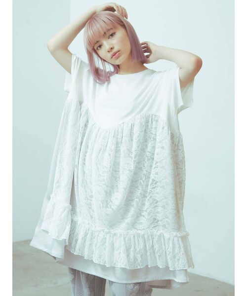 merry jenny（メリージェニー）の「イソザイレイヤードカットワンピース（ワンピース・レディース・オフホワイト/チャコールグレー/ピンク・FREE）」の5枚目の写真