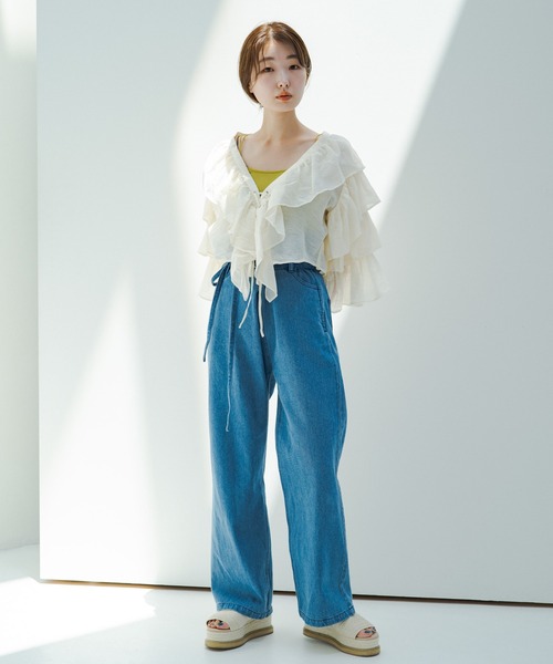 Kastane(カスタネ)の「袖フリル編み上げボレロ(シャツ/ブラウス・レディース・オフホワイト/オレンジ・FREE)」の3枚目の写真