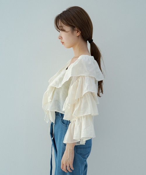 Kastane(カスタネ)の「袖フリル編み上げボレロ(シャツ/ブラウス・レディース・オフホワイト/オレンジ・FREE)」の7枚目の写真