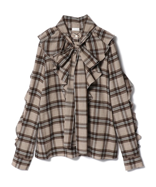 美品✨COLUMN ドビーチェックフリルボウタイブラウス　茶系　36サイズ ESTNATION（エストネーション）の「COLUMN / ドビーチェックフリル