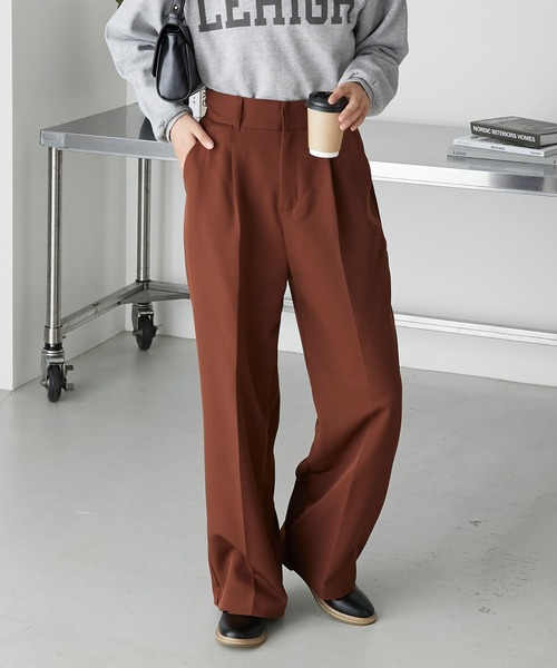 forksy.】センタープレス ハイウエストストレートスラックスパンツ