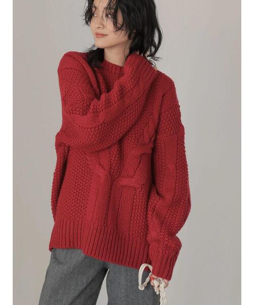 AMERICAN HOLIC(アメリカンホリック)の「斜めケーブルポコポコMixニットプルオーバー(ニット/セーター・レディース・レッド/アイボリー/ダークネイビー/ライトグレー系2・M/L)」の17枚目の写真