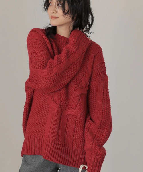 AMERICAN HOLIC(アメリカンホリック)の「斜めケーブルポコポコMixニットプルオーバー(ニット/セーター・レディース・レッド/アイボリー/ダークネイビー/ライトグレー系2・M/L)」の4枚目の写真