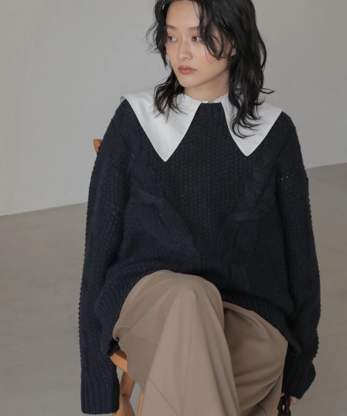 AMERICAN HOLIC(アメリカンホリック)の「斜めケーブルポコポコMixニットプルオーバー(ニット/セーター・レディース・レッド/アイボリー/ダークネイビー/ライトグレー系2・M/L)」の1枚目の写真