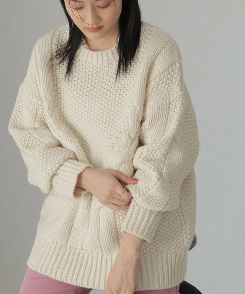 AMERICAN HOLIC(アメリカンホリック)の「斜めケーブルポコポコMixニットプルオーバー(ニット/セーター・レディース・レッド/アイボリー/ダークネイビー/ライトグレー系2・M/L)」の2枚目の写真