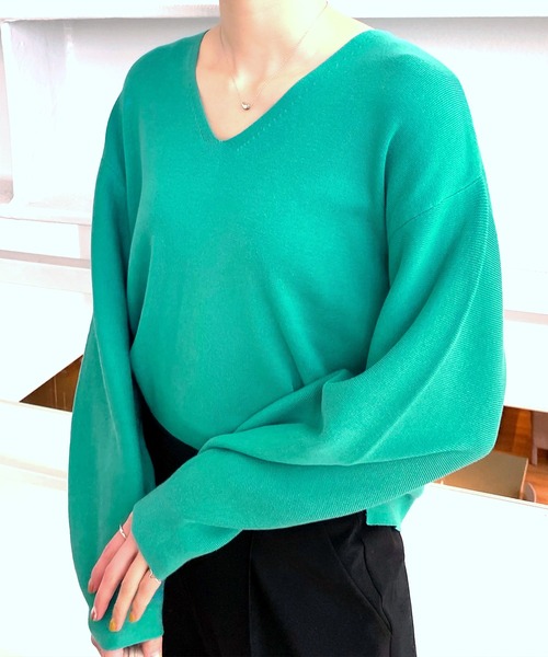 OPAQUE.CLIP（オペークドットクリップ）の「◆【CORCORAN】ピマコットン ボリュームスリーブニット（ニット/セーター・レディース・ブルー/ライトパープル/黄緑系/グリーン/ホワイト系/ブラック・38/42/36/40）」の4枚目の写真