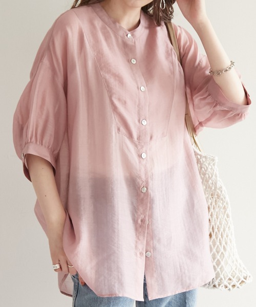 DISCOAT(ディスコート)の「シアーボザム5分袖バンドカラーシャツ(シャツ/ブラウス・レディース・オフホワイト/モカ/ブルー/ピンク・FREE)」の4枚目の写真