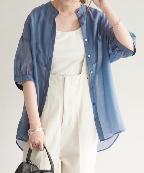 DISCOAT(ディスコート)の「シアーボザム5分袖バンドカラーシャツ(シャツ/ブラウス・レディース・オフホワイト/モカ/ブルー/ピンク・FREE)」の3枚目の写真