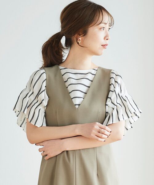 le.coeur blanc（ルクールブラン）の「ドビーボーダーギャザースリーブブラウス（シャツ/ブラウス・レディース・ホワイト系その他/ブラック系その他/ブルー系その他3・38）」の4枚目の写真