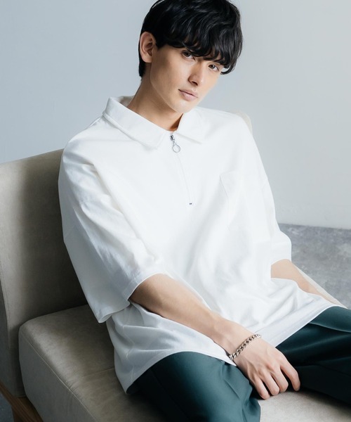 Rocky Monroe(ロッキーモンロー)の「オーバーサイズ 別注 襟付きハーフジップポケットTシャツ(Tシャツ/カットソー・メンズ・ホワイト/ブラック/ブルー/グリーン/チャコール・M/L)」の2枚目の写真