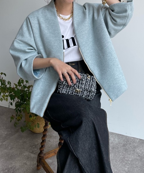 DouDou(ドゥドゥ)の「【WEB限定】WOOLY Vネックハーフコート(その他アウター・レディース・サックスブルー/ブラック/アイボリー・FREE)」の7枚目の写真