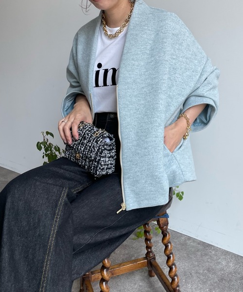 DouDou(ドゥドゥ)の「【WEB限定】WOOLY Vネックハーフコート(その他アウター・レディース・サックスブルー/ブラック/アイボリー・FREE)」の18枚目の写真