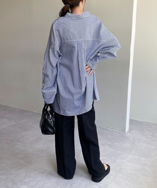 DISCOAT（ディスコート）の「ストライプ袖ワイドビッグシャツ（シャツ/ブラウス・レディース・ネイビー/オレンジ・FREE）」の5枚目の写真