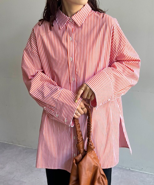 DISCOAT（ディスコート）の「ストライプ袖ワイドビッグシャツ（シャツ/ブラウス・レディース・ネイビー/オレンジ・FREE）」の3枚目の写真