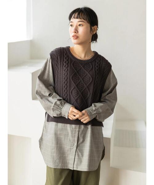 CRAFT STANDARD BOUTIQUE(クラフトスタンダードブティック)の「ケーブルニットドッキングシャツ *(ニット/セーター・レディース・パープル/チャコールグレー・FREE)」の3枚目の写真